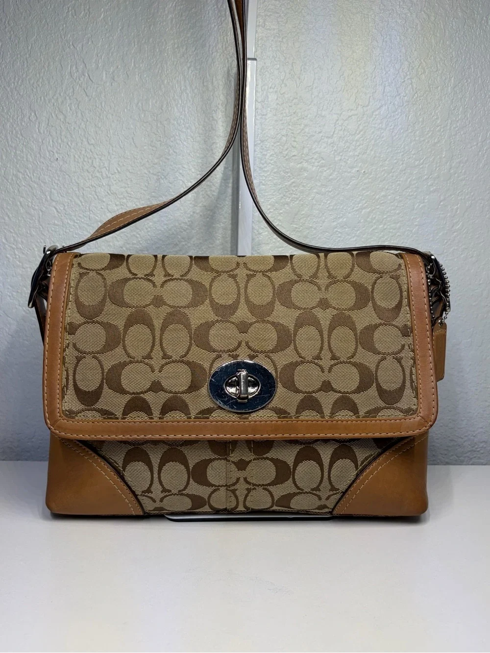 Y2K COACH Signature Jacquard Shoulder/ Crossbody Bag with Khaki/Caramel Trim